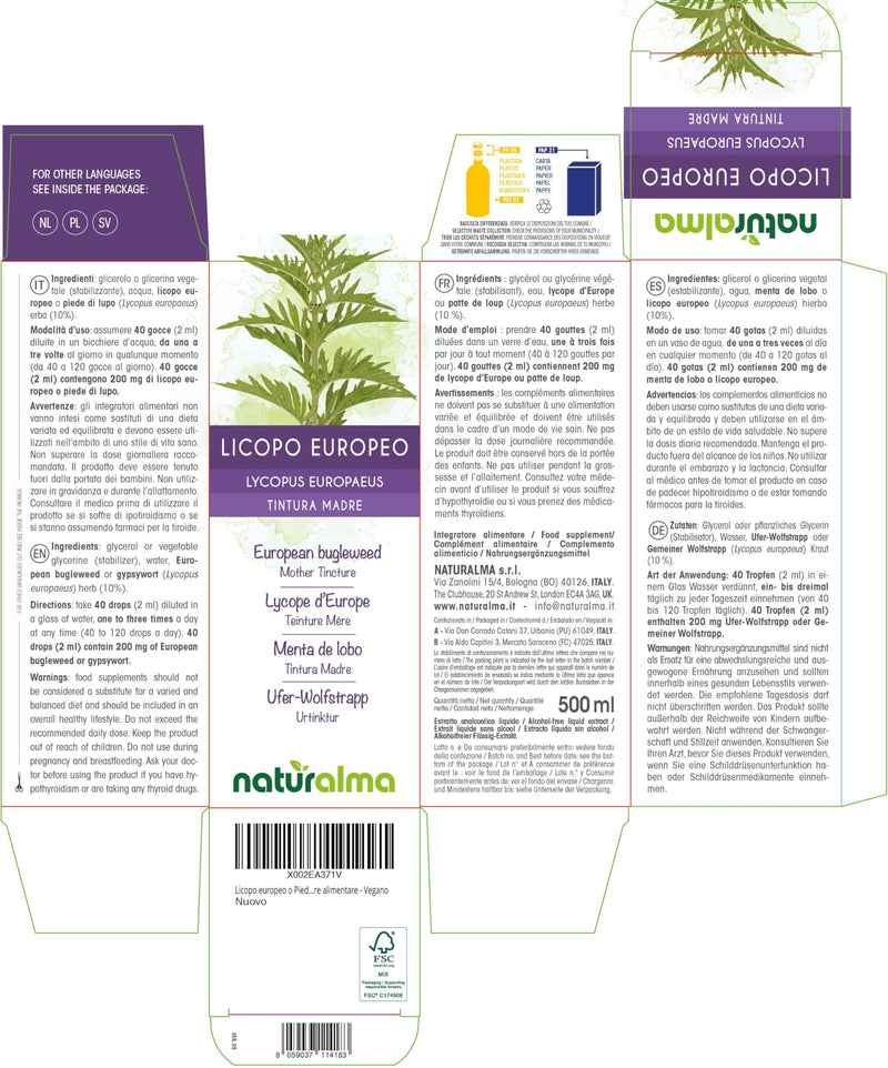 European Bugleweed or Gypsywort (Lycopus europaeus) herb Alcohol-Free Mother Tincture Naturalma - Liquid Extract Drops 500 ml - Food Supplement - Vegan 500 ml (Pack of 1)