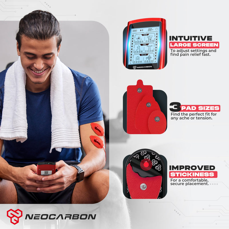 NEOCARBON TENS Unit Muscle Stimulator, Pulse Massager Machine, Red | All in One Kit, Pain Relief at Home, TENS & PMS Muscle Stimulator, Pulse Massager for Nerve & Muscle Pain Relief
