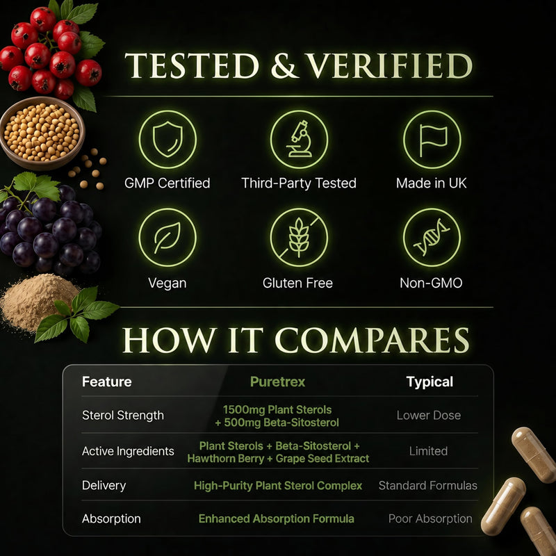 PURETREX Plant Sterols 2000MG Complex with Beta-Sitosterol - Supports Healthy Cholesterol Levels - with Hawthorn Berry & Grape Seed Extract - 120 Capsules - Gluten-Free & Non-GMO Food Supplement