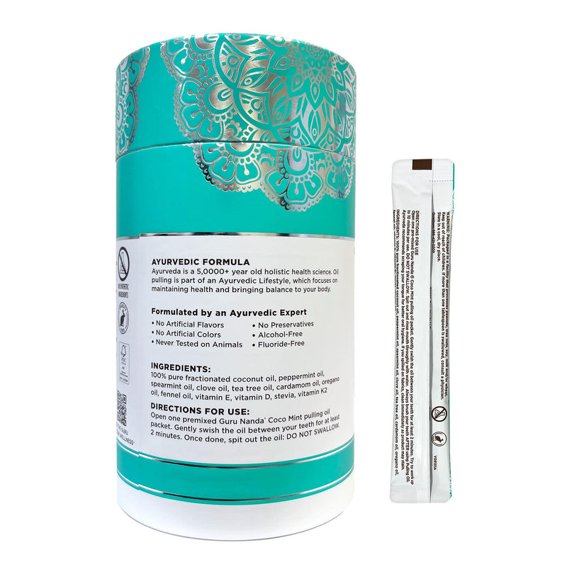 GuruNanda Travel Sachets Coconut Oil Pulling, Fresh Breath Mouthwash, 7 Essential Oils & Vitamins for Happy Teeth & Gums, with Tongue Scraper, 28 Sachets 0.4 Fl Oz (Pack of 28)