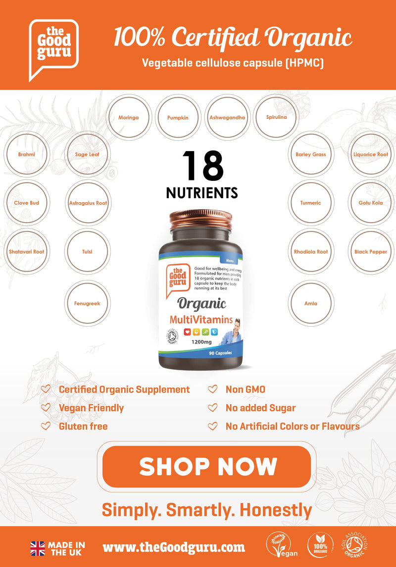 Organic Multivitamin for Men, Vegan Multivitamin Capsules - Multivitamin Capsules for Men with 18 Essential Active Vitamins & Minerals - (90 Capsules)