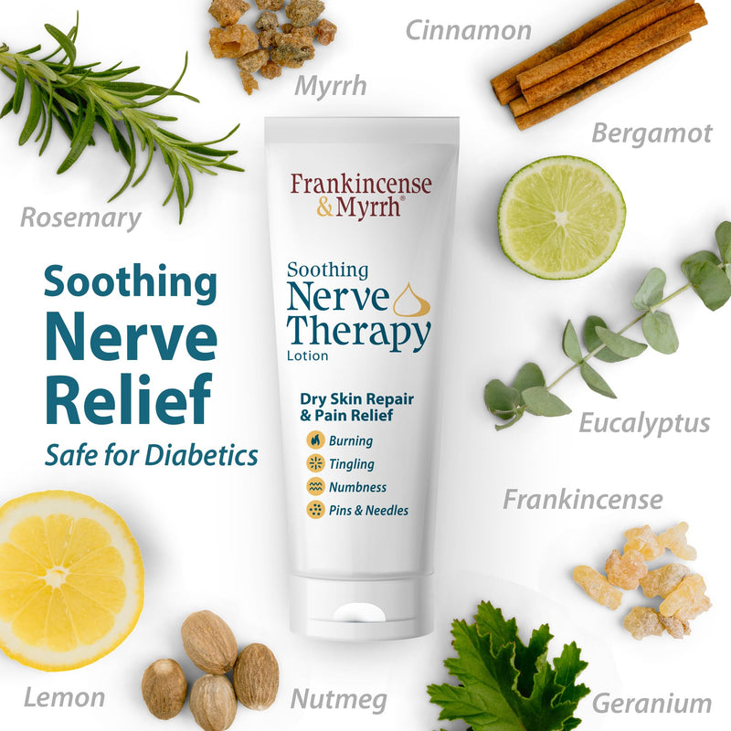 FRANKINCENSE & MYRRH Nerve Therapy Lotion,Diabetic Hands & Feet Relief, 3oz | Menthol + 9 essential oils relieve burning, tingling & numbness while moisturizing dry skin on hands and feet. Diabetes safe. 1 pack