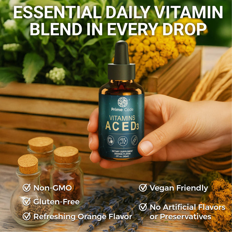 [Australia] - Prime Code Liquid Vitamin A Supplement for Women & Men with Vitamin C E and D3, Vitamin A C E D3 Drops for Adults, Non-GMO, Faster Absorption & Immune Support, Natural Orange Flavor Drops 
