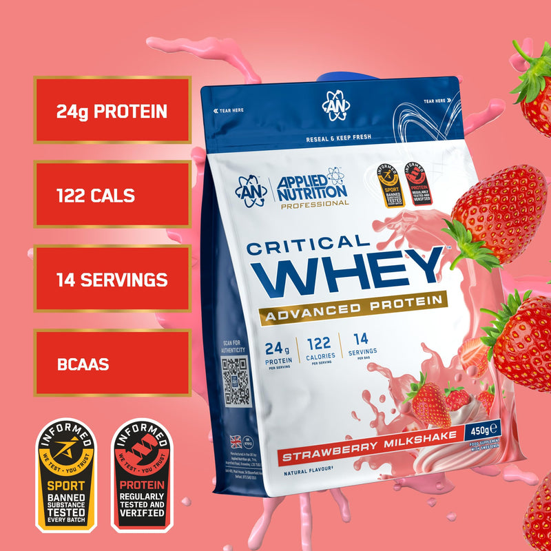 Applied Nutrition Critical Whey Protein Powder – 24g Protein per Serving, High Protein Powder, Protein Shake with BCAAs & Glutamine – Muscle Growth & Recovery (450g - 14 Servings) (Strawberry)