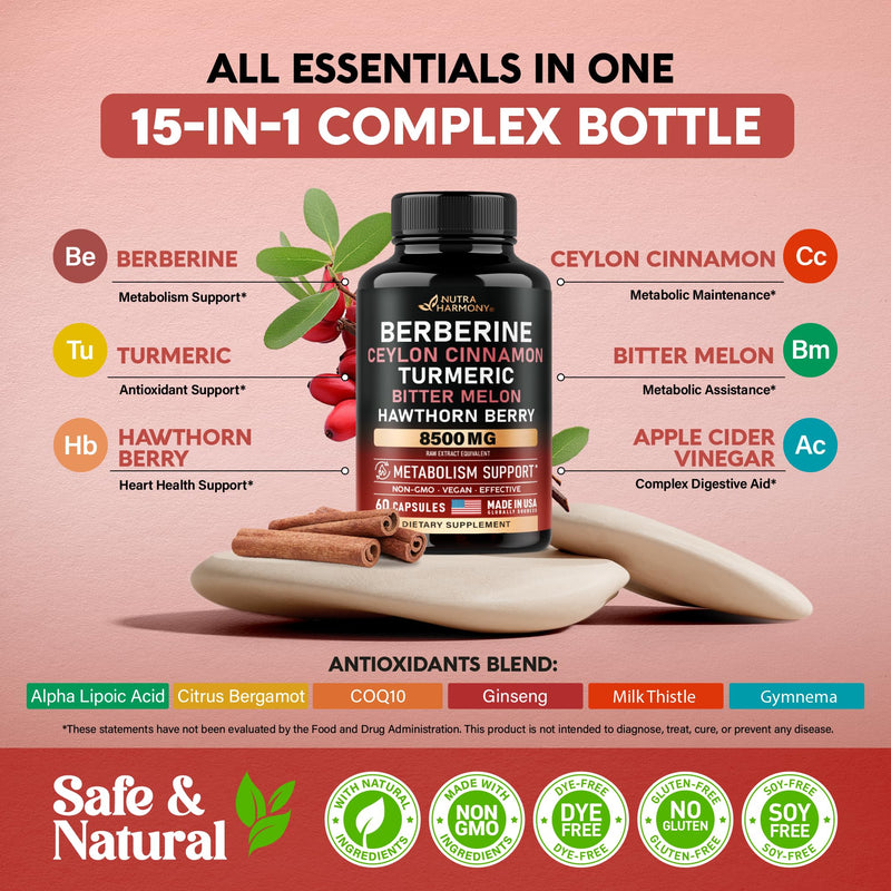 [Australia] - Berberine with Ceylon Cinnamon 10000 mg with Apple Cider Vinegar | Hawthorn Berry | Citrus Bergamot | Bitter Melon - 15-in-1 Supplement for Heart Support, Metabolism & Energy - Vegan, 60 Capsules 
