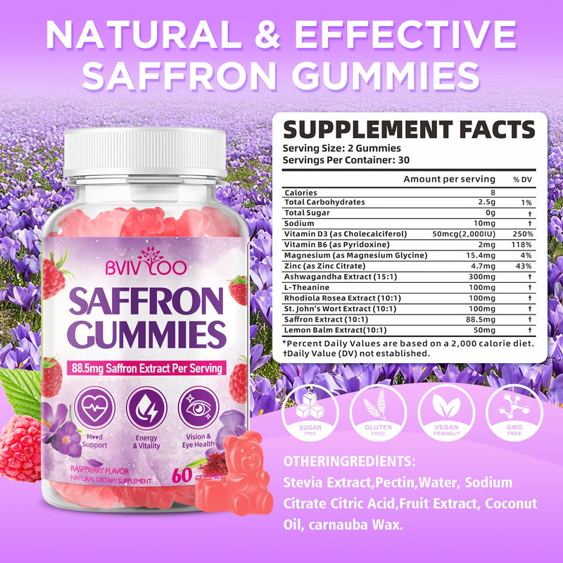 Saffron Gummies for Adult Kids, 10-IN-1 Formula with Saffron 88.5mg, Vitamins D3 & B6, Magnesium, Zinc, Ashwagandha, L-Theanine, St. John's Wort - Supports Mood & Focus, Raspberry Flavor, 120 Count 2-pack