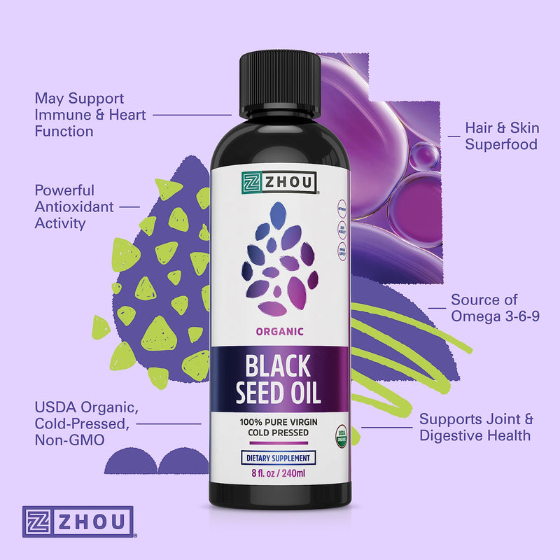 [Australia] - Zhou Organic Black Seed Oil | 100% Virgin Cold Pressed Omega 3 6 9 | Super Antioxidant for Immune Support, Joints, Digestion, Hair & Skin | Vegan, Gluten-Free, Non-GMO | 8oz Liquid 