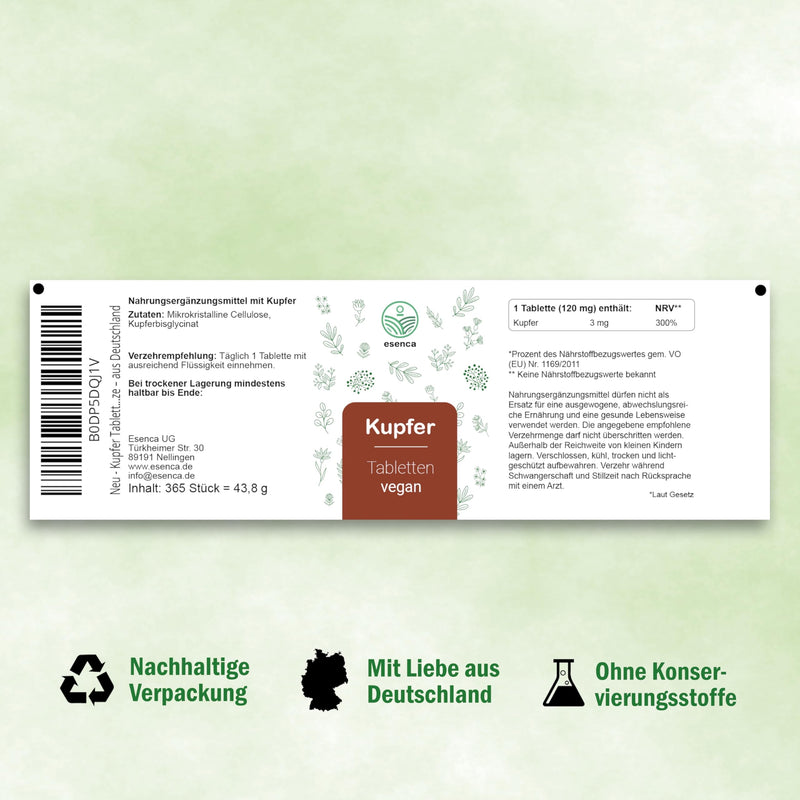 [Australia] - Copper tablets - 365 vegan tablets - 3 mg copper per daily dose - neutral in taste, high dosage, without unnecessary additives - from Germany 
