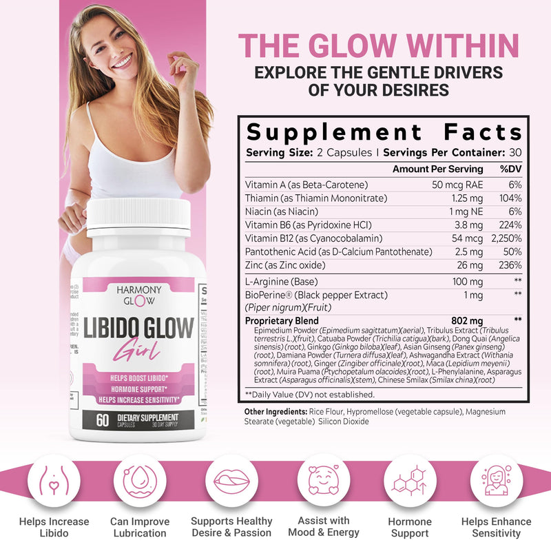 [Australia] - Libido Glow Girl | 14 in 1 Powerful Libido Booster for Women & Aphrodisiac | Helps Improve Women's Drive, Passion, Sensitivity | Maca, Tribulus, Ashwagandha | 3rd Party Tested Supplement - 60 Pills 