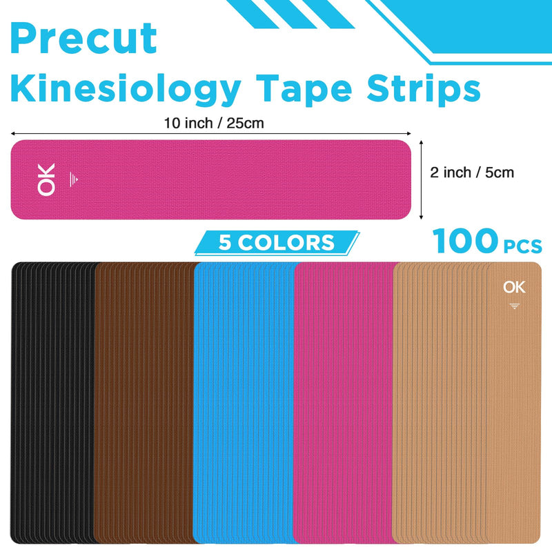 [Australia] - OK TAPE 100Pcs Precut Kinesiology Tape Strips, Elastic Athletic Tape for Joints Support & Muscle Pain Relief, Waterproof, Kinetic Tape for Shoulder, Knee, Ankle (5 Colors, 2 inch x 10 inch) Mixed 100 Pcs 