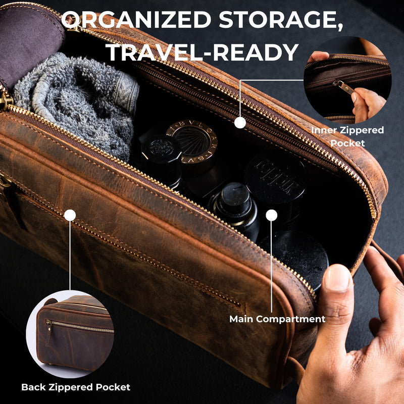 King Size Premium Leather Travel Toiletry Bag for Men and Women - Water-Resistant Dopp Kit - Mens Bathroom Bag, Shaving & Cosmetic Organizer - Toiletry Bag, Travel Bag Leather, Unisex Use