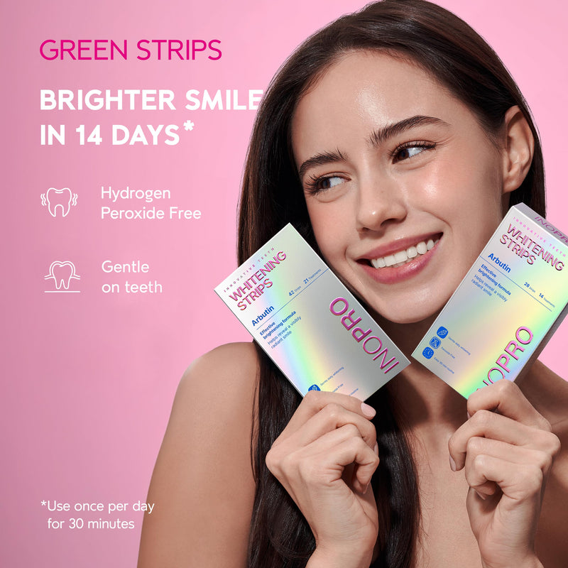 InoPro Teeth Whitening Strips 14 Treatments Kit - Enamel Safe Teeth Whitener, Peroxide-Free, Green White Strips for Teeth Whitening with Arbutin, Coconut Oil, Deep Stains Removal (28 Strips) 28 Count (Pack of 1)