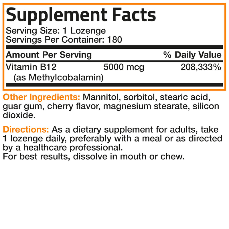 Bronson Methyl B12 5000 mcg Methylcobalamin Sublingual, 180 Lozenges | Fast Dissolve Cherry Flavor, Energy, Brain & Nervous System Support, Vegan, Non-GMO, Gluten-Free & Soy-Free 180 Count (Pack of 1)