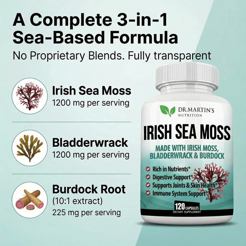 Irish Sea Moss Capsules 120 Count - Bladderwrack & Burdock Root | Dr Martins Sea Moss Supplement 2625mg, 92 Vitamins & Minerals, Immune, Gut, Thyroid & Energy Support Superfood