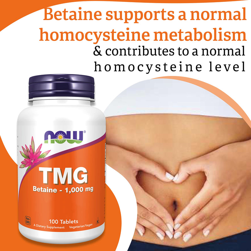 Now Foods, TMG (Trimethylglycine), 1.000mg, 100 Vegan Tablets, Lab-Tested, High Dose, Betaine, Gluten Free, SOYA Free, Vegetarian