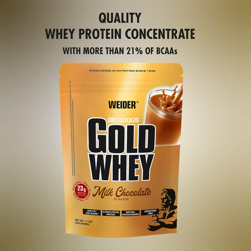 Weider Gold Whey (500g) Milk Chocolate Flavour. Ultrafiltrated Proteins from 100% Whey Protein Concentrate, 23g Protein/Serving, Low Fat, Low Sugar, Delicious, Extra Creamy Texture, Aspartme Free