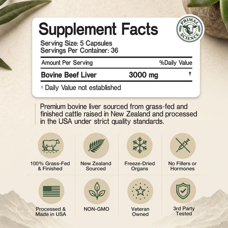 Grass Fed Beef Liver Capsules 3000mg Desiccated Liver Supplement 100% Pasture Raised & Freeze Dried Natural Iron, Vitamin A & B12 for Energy Non-GMO, No Fillers 180 Count