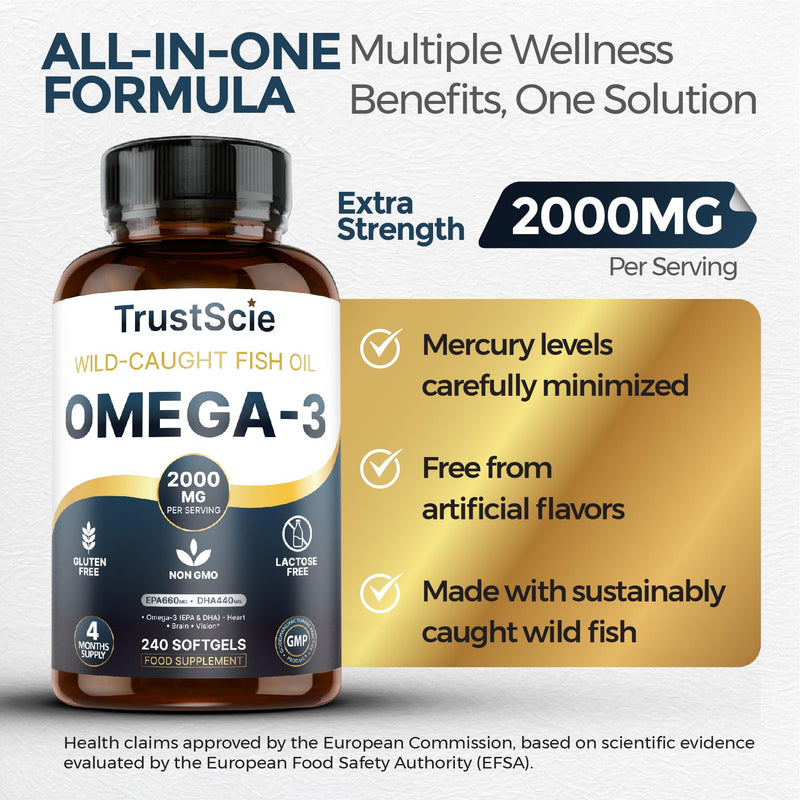 Omega 3 Fish Oil 2000mg – High Strength with 660mg EPA & 440mg DHA – 240 Softgel Capsules (4 Month Supply) – Omega 3 Fatty Acids Supplement – Gluten-Free & Lactose-Free