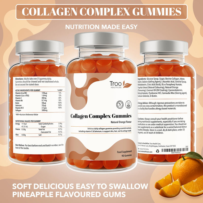 Troo Health Care Collagen Complex - 90 Natural Orange Gummies - One Per Day Hydrolysed Collagen with Biotin, Vitamin C & Selenium - Three Months Supply – Healthy Skin & Hair for Men & Women 90 count (Pack of 1)