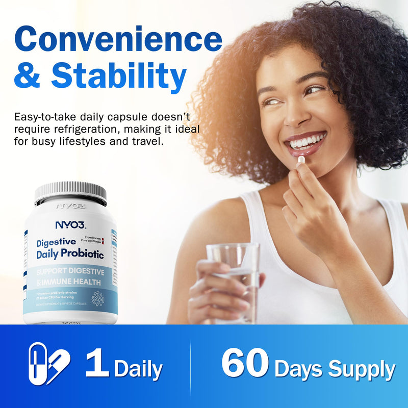 NYO3 Digestive Probiotics 57 Bilion CFU 7 Strains,60 Capsules,Bloat Relief, Supports Digestion & Immune Health