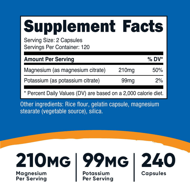 [Australia] - Nutricost Potassium (99 mg) Magnesium (210 mg) Citrates, 240 Capsules - Non-GMO, Gluten Free Unflavored 240 Count (Pack of 1) 