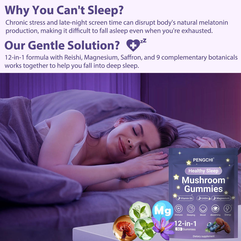 PENGCHI Mushroom Sleep Gummies - for Adult | Reishi, Saffron, Vitamin B6, Magnesium, Passionflower, GABA & Chamomile - Calm & Relaxation Support, Restful Sleep & Nighttime Routine, 90 Counts