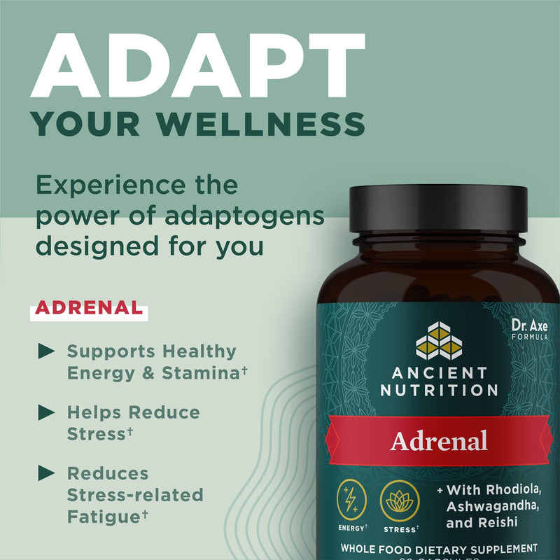 [Australia] - Ancient Nutrition Adrenal Support with Ashwagandha Supplement, Helps Reduce Stress & Fatigue, Paleo and Keto Friendly, Gluten Free, 1300mg, 60 Capsules 
