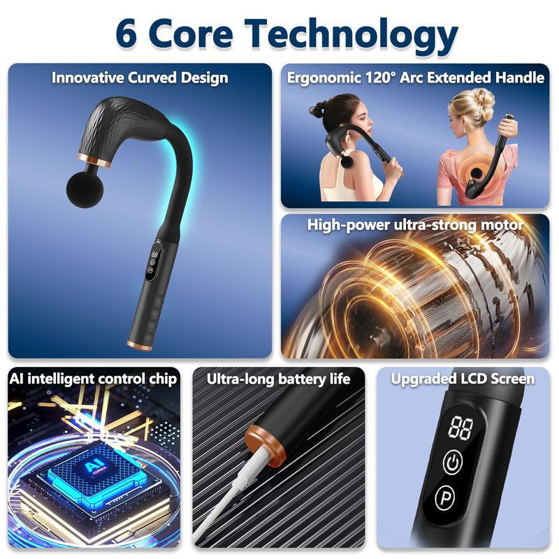 [Australia] - Massage Gun with Upgraded Extension Handle, Back Massager for Pain Relief Deep Tissue, Muscles/Neck/Shoulders/Waist/Legs Massager with 4 Massage Heads & 6 Speed Levels & 3 Massage Modes Black 