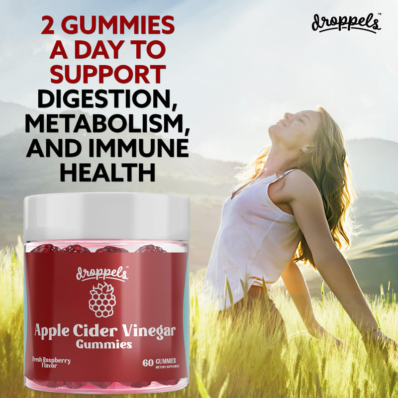 Droppels Apple Cider Vinegar Gummies 1000mg with Beet Root & Pomegranate | Non-GMO, Vegan-Friendly, Gluten Free | Supports Digestion, Metabolism, Energy & Immune Health | Raspberry Flavor 60 Count (Pack of 1)