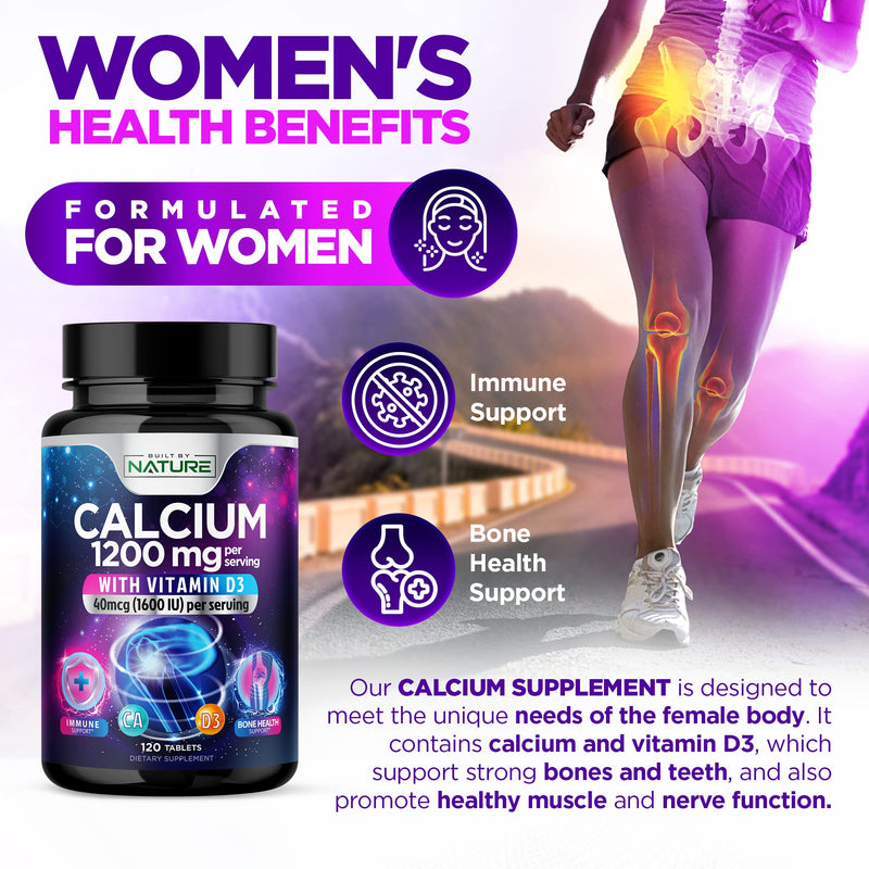 Calcium 1200mg with Vitamin D3 for Best Absorption - Advanced Bone Support Supplement, 1200 mg Calcium Carbonate & 1600 IU Vitamin D3, Slow Release for Immune Support, Easy to Swallow, 120 Tablets 120 Count (Pack of 1)