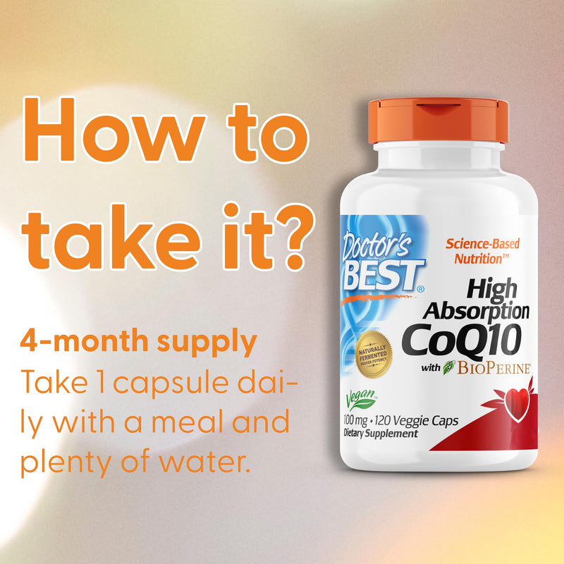 Doctor's Best, High Absorption CoQ10 with BioPerine, 100 mg, 120 Vegan Capsules, Vegetable, Coenzyme Q10, Laboratory-Tested, Gluten-Free, Non-GMO 120 Capsules