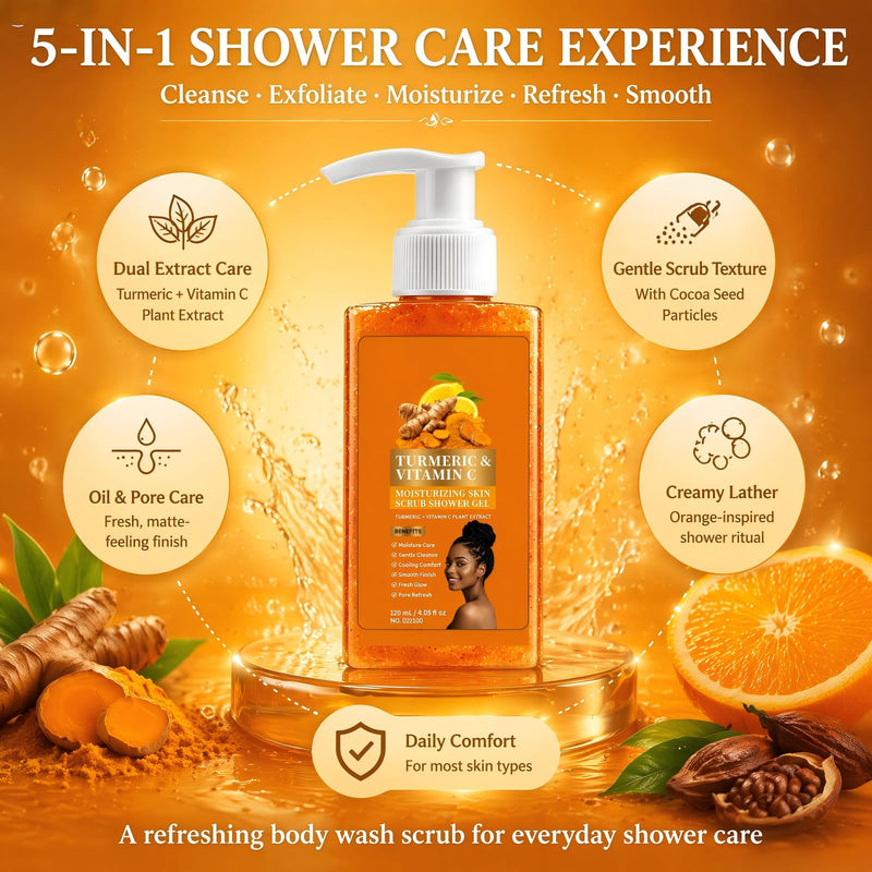 2pc Turmeric Vitamin C Orange Exfoliating Shower Gel with Cocoa Seed Scrub Particles, Mattifying Skin Brightening Body Wash to Fix Uneven Skin Texture, Gentle Daily Body Only Cleanser 2PC