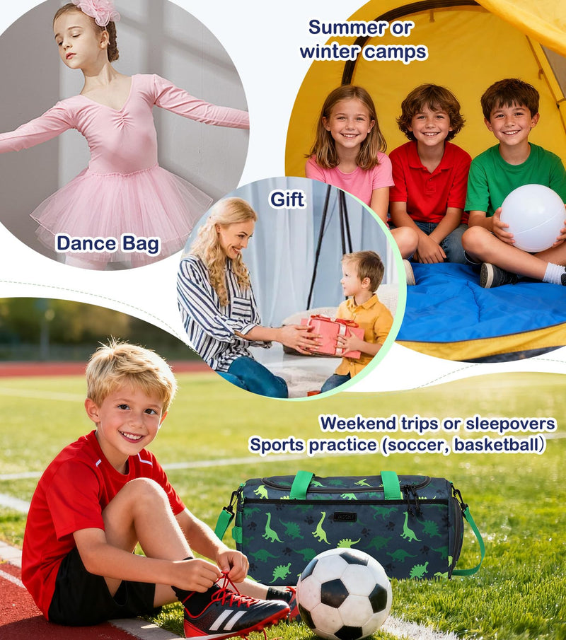 Kids Duffle Bag,VASCHY Travel Bag for Toddler Children Boys Water Resistant Overnight Duffel Ballet Dance Sport Carry On Weekender Bag with Shoes Compartment Dry Wet Pocket Green Dinosaur