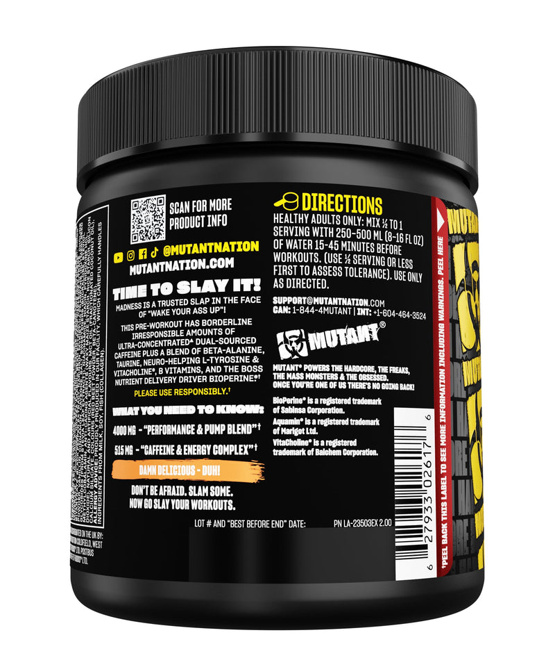MUTANT Madness | Ultra-Concentrated Pre-Workout Supplement | 360mg Caffeine, 4g Pump & Performance Blend, Beta-Alanine, Energy & Focus | 30 Serving | Peach Mango 30 servings (225 g)