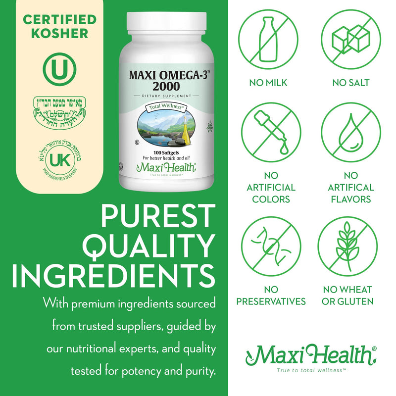 [Australia] - Maxi Health Omega 3 Fish Oil 2000mg ‚Äì Fish Oil Omega 3 Supplements with No Fishy Aftertaste ‚Äì Triple Strength EPA DHA ‚Äì Kosher Omega3 Supplement to Help Support Overall Wellness (100 Softgels) 100 Count (Pack of 1) 