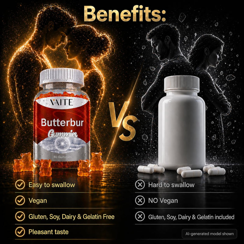 VAITE Butterbur Extract 9-in-1 Herbal & Mineral Complex with Riboflavin B2, Magnesium Glycinate, Feverfew, L-Theanine, Ginger, Turmeric, Quercetin & Black Pepper – Vegan, Non-GMO, 60 Gummies