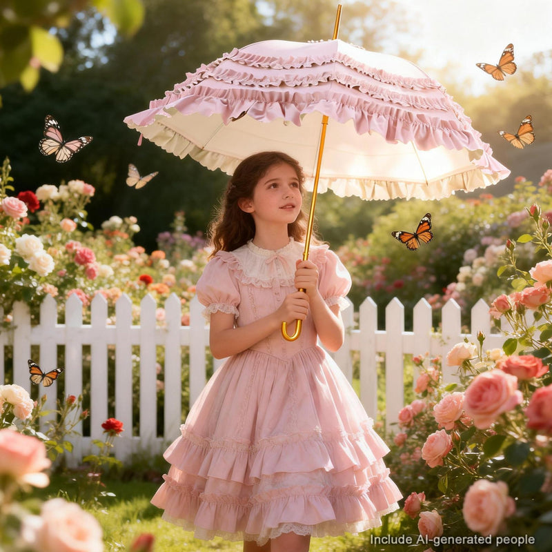 Ruffled Umbrella with Gold Handle, Mint Green and Peach, 34.65 inch Canopy, Decorative Stick Umbrella Pink