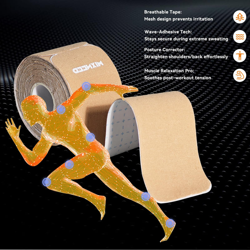 Precut Kinesiology Tape - 60 Strips (3 Rolls) | Waterproof Kinesiology Tape for Muscle & Joint Support, Athletic Knees, Shoulders, Back Pain Relief | Sport Tape for Weightlifting, Running 3 ROLL Beige