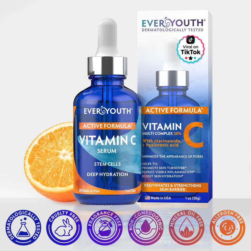 Vitamin C Serum for Face, Stem Cells, Niacinamide, Hyaluronic Acid & Vitamin E - Anti-Aging Retinol Facial Serum with Glycolic Acid & Retinal for Brightening, Hydrating & Firming Skin - Made in USA 1 Fl Oz (Pack of 1)