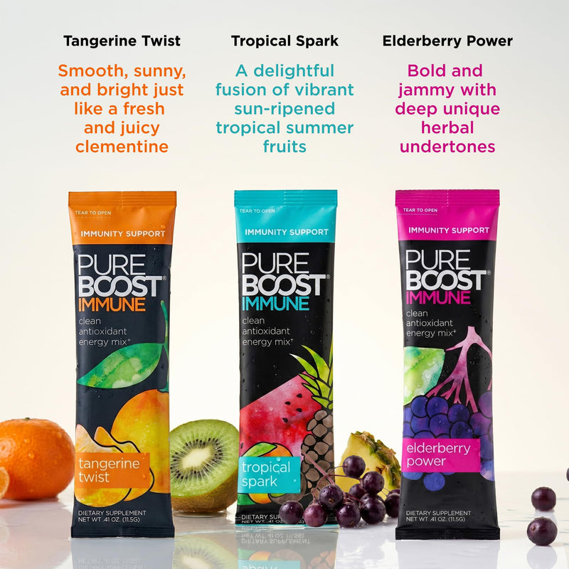 Pureboost Sugar-Free Immune Clean Energy Booster Drink Mix, Combo Pack 10ct | Tangerine,Tropical & Elderberry. With 1,200mg Vitamin C, Vitamins A + D, Zinc, Antioxidants & Elderberry for Immune Support 10 Count