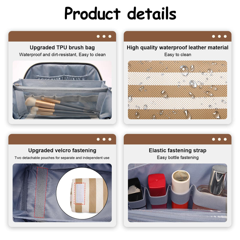 BOYATU Travel Makeup Bag for Women: Large Cosmetic Bag Set of 3 - PU Leather Make up Bag with Compartments - Compact Waterproof Toiletry Bag with Divider & Handle (B-8-Khaki)