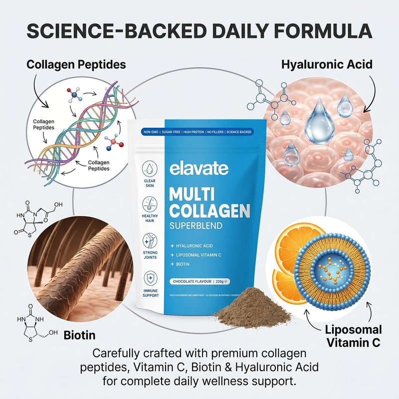 Elevate Multi Collagen Superblend Powder – Chocolate Flavor – 220g Sugar Free Protein Powder with Hyaluronic Acid & Vitamin C. Supports Healthy Skin, Hair, Nails & Joints