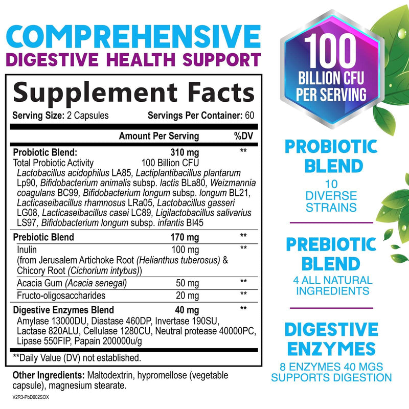 Probiotics 100 Billion CFU Per Serving - 10 Premium Strains + Prebiotics - Best Probiotic Supplement for Women & Men - Supports Immune, Digestive Health, Occasional Constipation & Gas - 120 Capsules 120 Count (Pack of 1)