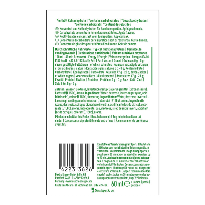 [Australia] - DEXTRO ENERGY LIQUID GEL APPLE - 6x60ml (pack of 6) - glucose concentrate made from quickly available carbohydrates, energy gel, with apple flavor, energy bar alternative, for endurance sports 60ml (pack of 6) 