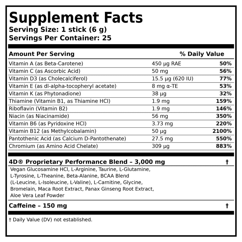 4D - Tropical Punch 25 Unit Box- Vitamins & Energy Powder Packets - Zero Calories & Sugars - Gluten Free, Non-GMO, Keto & Vegan Friendly 1 Box (25 Count)