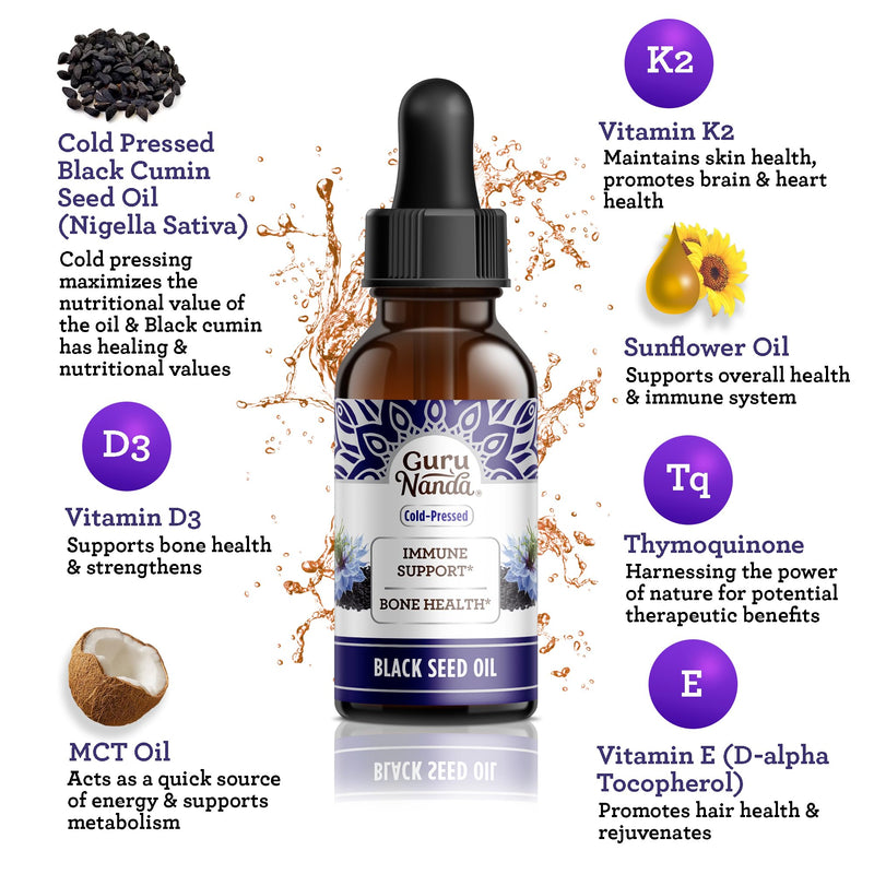 [Australia] - GuruNanda Black Seed Oil, Cold-Pressed Nigella Sativa - Rich in Vitamin D3 5000 Units, K2 & E, High Thymoquinone | Potent Antioxidant for Immune Support, Non-GMO, 2 Fl.oz 