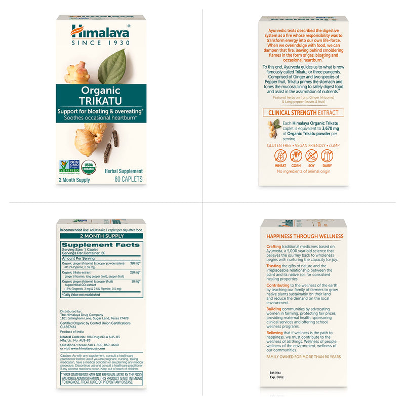 [Australia] - Himalaya Organic Trikatu, 60 Day Supply - Digestive Health Supplement for Occasional Bloating, Heartburn, and Indigestion Relief - USDA Organic, Vegan, Non-GMO, Gluten Free, 60 Caplets 