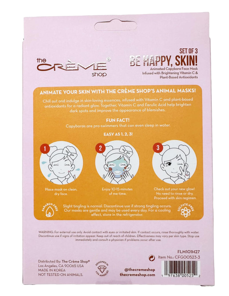 The Crème Shop Be Happy, Skin! Animated Sheet Mask (Capybara/Pack of 3) | Vitamin C & Antioxidant Face Mask - Radiant, Youthful Glow - Korean Beauty Sheet Mask