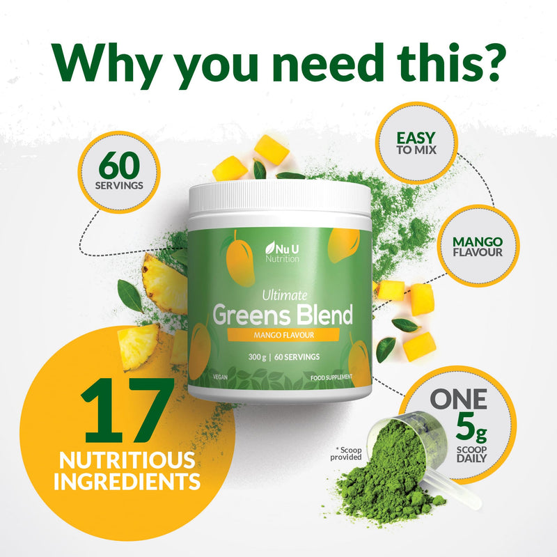 Nu U Nutrition - Super Greens Blend Mango Powder 300g - 17 Active Superfood Ingredients - 60 Servings - Vitamin & Mineral Rich Supplement - 100% Vegan, No Additives