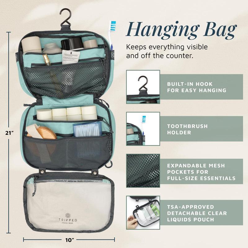 TRIPPED Travel Gear 3-Piece Travel Toiletry Bag Set | Includes Hanging Toiletry Bag, 311 TSA Liquid Bag, and Accessory Organizer Pouch with Lightweight Ripstop Construction Dusty Teal Makeup